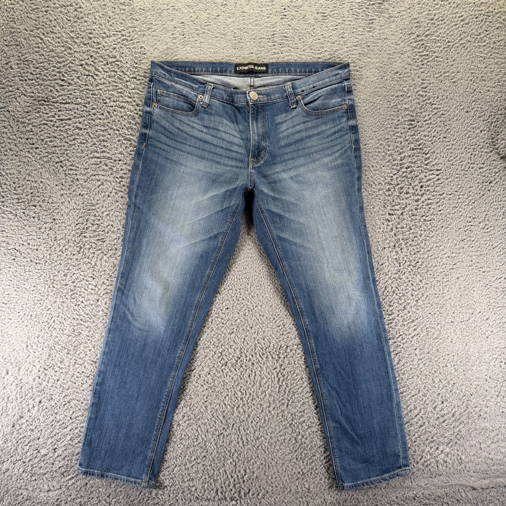 Express Jeans Women's 12 Blue Cotton Denim Tapered Leg Girlfriend Faded Stretch